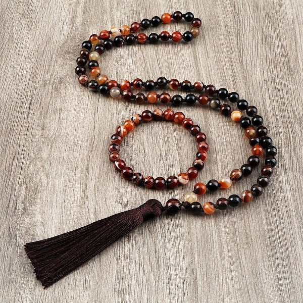 Conjuntos de collares y pulseras con colgantes de cuentas redondas de ágata natural