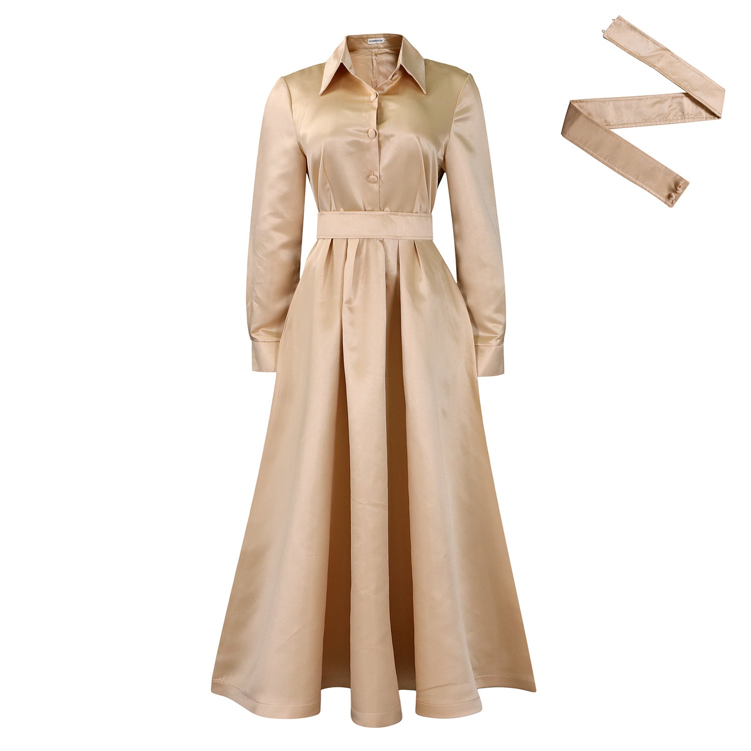 (366) Ladies autumn new style large swing solid color lapel long sleeve A-line dress