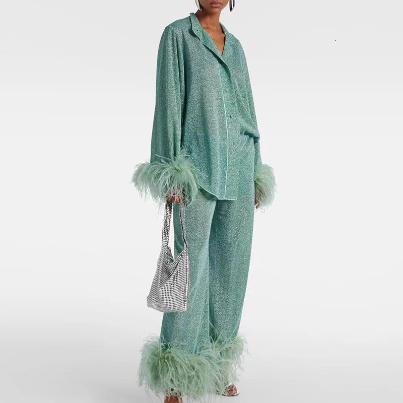 Fashion Solid Patchwork Feather TopsStraight Pants Set Casual Loose Stand Collar Outfits Elegant Long Sleeve Button 2 Piece Set 241214