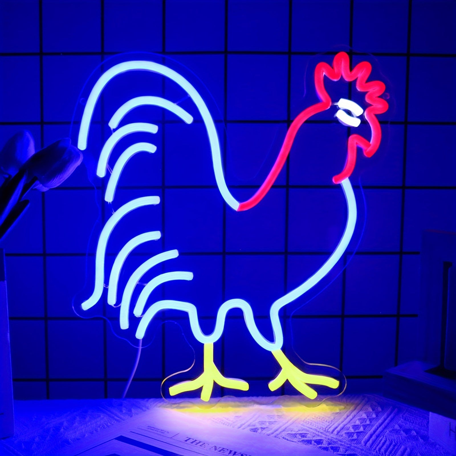 TEMU 1pc, Rooster Neon Sign, Red Blue Led Neon Signs, Chicken Neon Light For Wall Decor Animal Neon Lights Room Decor, Birthday Party Gifts
