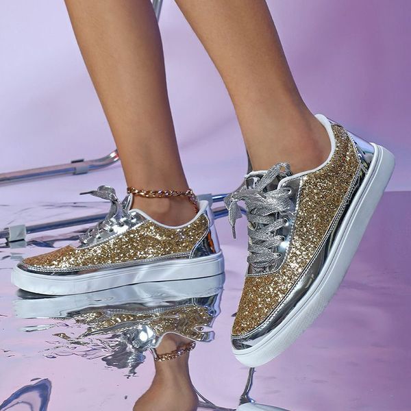 Spring And Autumn Casual Thick-Soled Sneakers New Shiny Fashionable Women&#039;s Low-Top Lace-Up Flat Couple Shoes