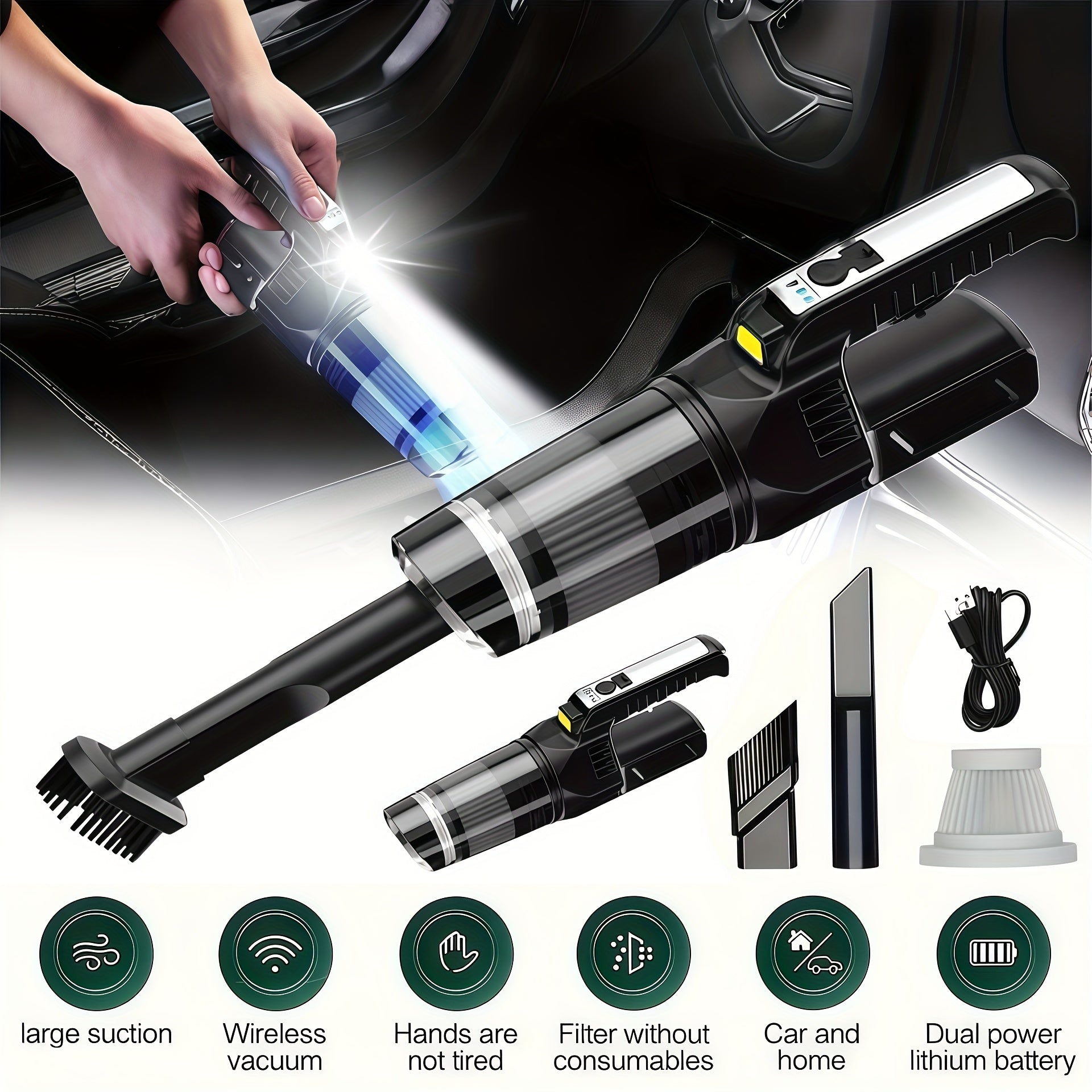 TEMU 9000pa Cordless Handheld Vacuum Cleaner- 36db, High Suction, Usb Fast Charging, Led Light, Portable Mini Vacuum For Car, Home & Pet Hair, Long ,