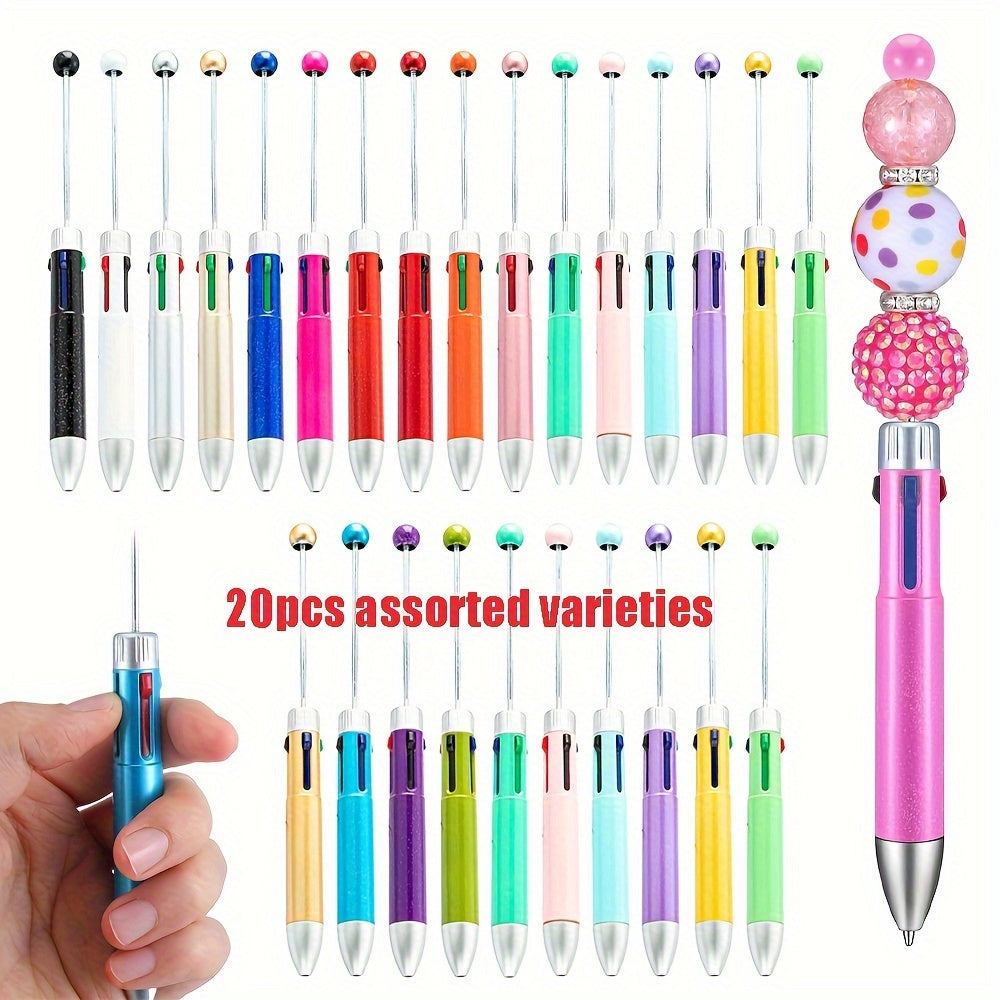 TEMU 20pcs 4 In1 Plastic Beadable Pens Bulk Retractable Bead Ballpoint Pens Back-to-school Gift Pens 4 Color Inks For Diy Making Office School