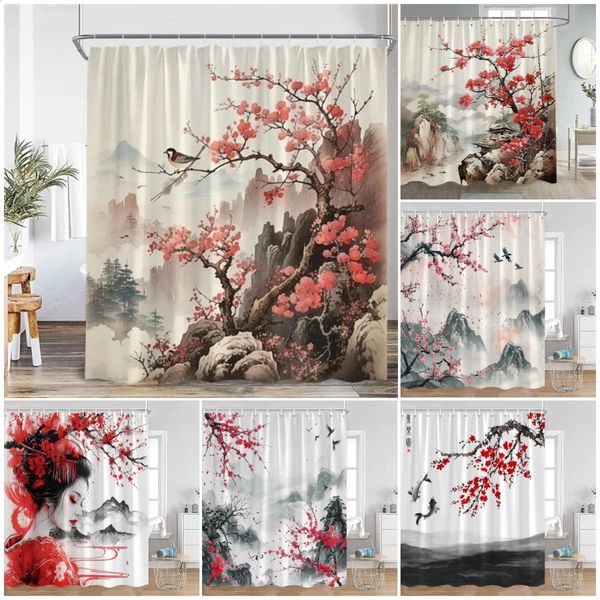 Japanese Style Flowers Bird Shower Curtain Beautiful Girl Red Floral Abstract Mountain Ink Art Landscape Decor Bathroom Curtains 250108
