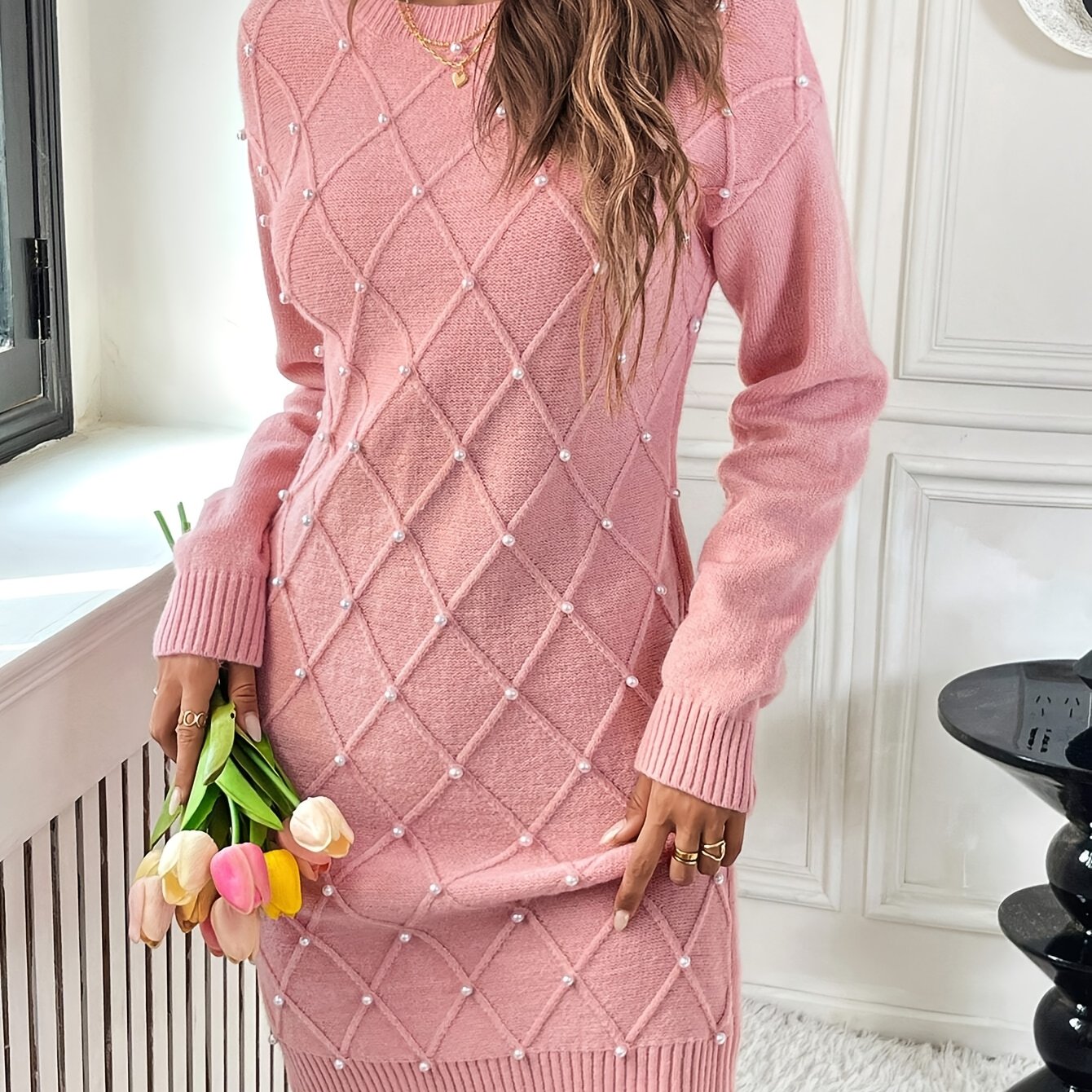 TEMU Women's Elegant Beaded Sweater Dress - Long Sleeve Knee-length Party & Formal Outfit, Soft Fabric Silhouette, Fall-winter Chic Attire For Women,