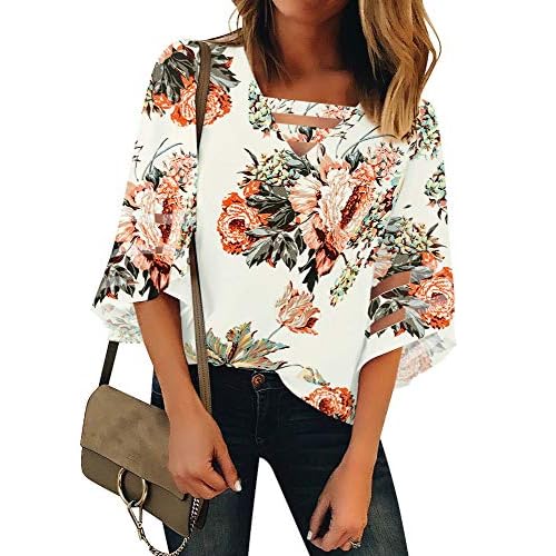 luvamia Women Casual Strappy V Neck Blouse 3-4 Bell Sleeve Mesh Panel Shirts Top X-Large Floral Pirnt Brilliant White B Floral Pirnt Brilliant White