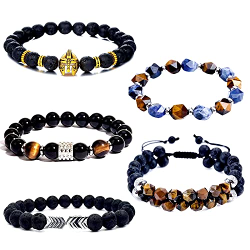 Mens Leather Bracelet,Tree Of Life Mens Tiger Eye Bracelet,Mens Beads Bracelet, Genuine Leather Bracelets Gifts for Men 5pcs blue sodalite