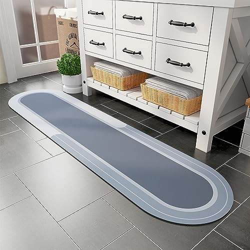 MontVoo Bath Mat Runner - Long Non Slip Absorbent Quick Dry Thin Bath Rug for Bathroom Floor Mat - Rubber Backed - Stain Resistant - Easy Care - Blue