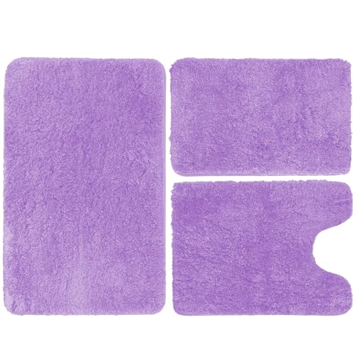 RUN HELIX Purple Bathroom Rug Set 3 Piece Non-Slip Microfiber Bath Mat,Plush Shaggy Luxury Mat with Rubber Backing, Extra Soft and Absorbent Machine W