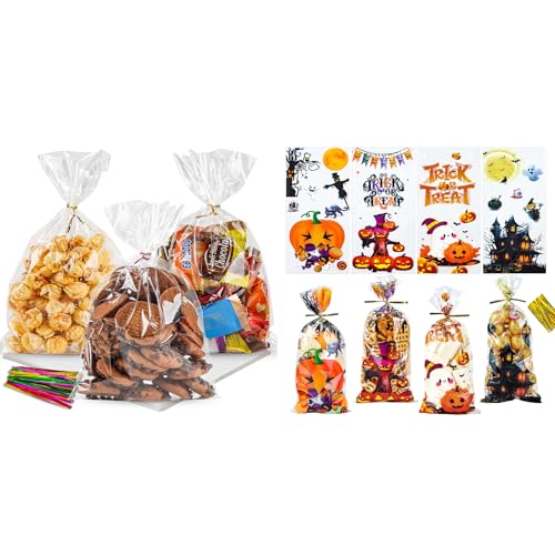 NPLUX Bundle of 100 Pack Cellophane Bags and Halloween Treat Bags with Ties for Party Favors, Bakery, Candy, Popcorn