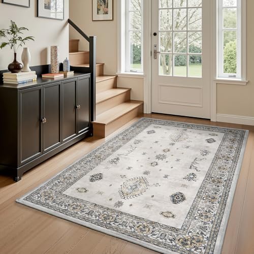 AMOAMI-Vintage Area Rug 4x6 Grey Rugs for Living Room-Soft Living Room Rug Non Slip Rugs for Bedroom Carpet Machine Washable Rug for Dining Room Bedsi