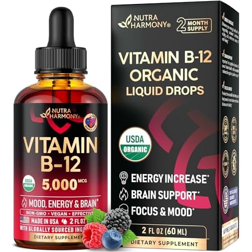 USDA Organic Vitamin B12 Sublingual Drops - 5000 mcg Liquid Vegan Methylcobalamin for Women & Men - Energy Boost, Focus & Mood, Brain Health Support -
