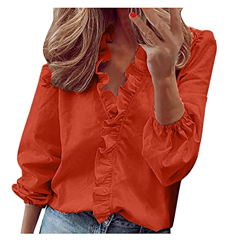 pbnbp Women's Casual Loose Fit Shirts Ruffle Solid Color V Neck Tops Puff Sleeve Daily Long Sleeve Summer Fall Blouse Blusas Medium A01_orange