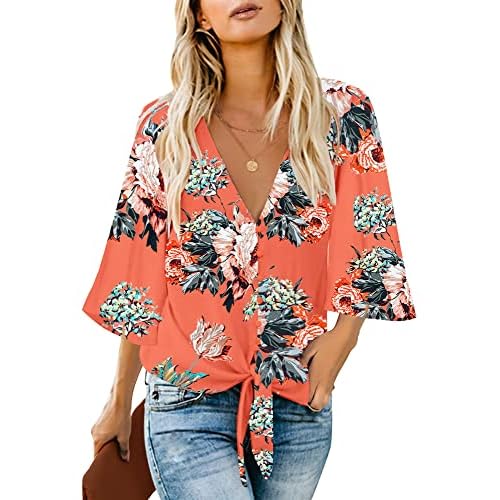 luvamia Women's V Neck Tops 3-4 Sleeve Tie Knot Floral Blouses Button Down Shirts XX-Large Orange