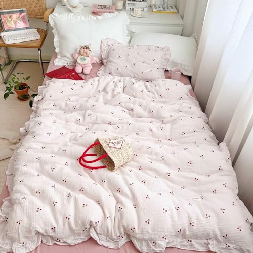 BuLuTu Crib Bedding Duvet Cover for Boys Girls Cotton Muslin Baby Crib Duvet Cover Nursery Bed Decoration Gift, 47"x59", Cherry Print (No Pillowcases)