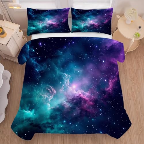 Galaxy Comforter Set Full-Queen Blue Space Bedding for Kids Girls Teen Women Bedroom Decor Moon Cloud Starry Sky Quilt Bed, 1 Comforter 2 Pillowcases