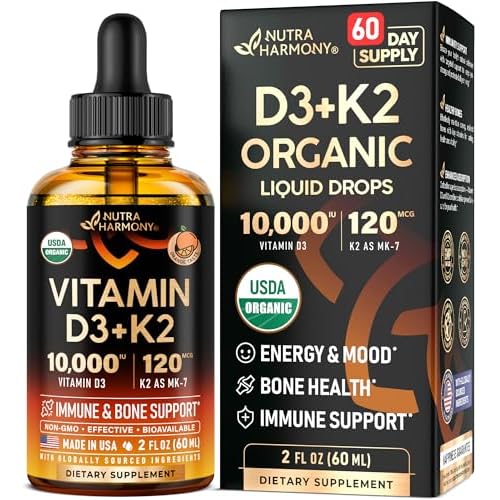 Vitamin D3 K2 USDA Organic Drops - Vitamin D3 10000 IU & K2 as MK-7 120mcg - Immune & Mood Support, Bone & Teeth Health - Sugar-Free Orange Flavor - L