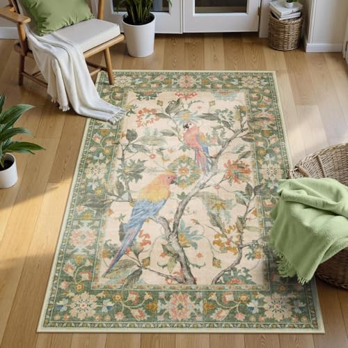 Lahome Botanical Birds 3x5 Green Washable Kitchen Rugs for Bathroom, Boho Entryway Rug for Bedroom, Vintage Soft Non Slip Indoor Carpet for Living Roo