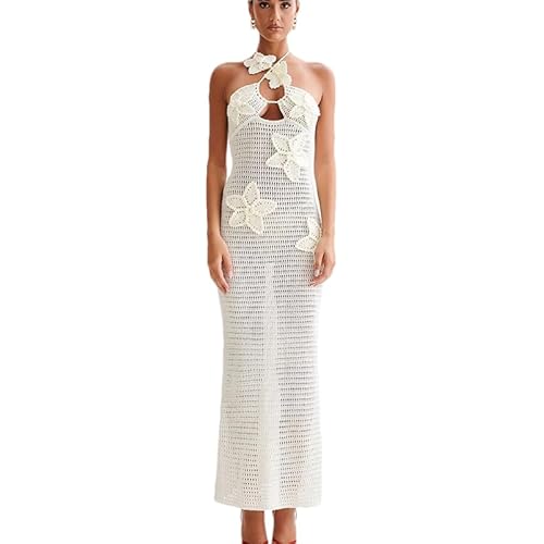 RanRui Women's Halter 3D Flower Knitted Hollow Out Beach Dress balckless Open Back Swimsuit Cover up Holiday Party Dress White Large