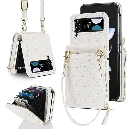 for Samsung Galaxy Z Flip 4 Zipper Wallet Case with Accordion Card Holder, 8 Card Slots Large Capacity and Anti-Theft Security.(White) White Samsung G