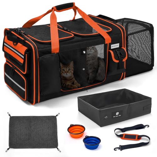 Expandable Extra Large Cat Carrier for 2 Cats with Litter Box for Kitten, Large Cat Small Dog Pet - Collapsible Double Cat Large Pet Carrier for Car T
