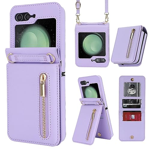 for Samsung Galaxy Z Flip 5 Luxury Zipper Wallet Phone Case, Multi-Function Kickstand Card Holder Adjustable Crossbody Strap, Fashion Flip Case.(Purpl