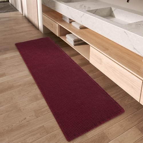 Upgraded Waffle Runner Rug Super Absorbent Non Slip Bath Mats for Bathroom Machine Washable Bathroom Runner Rug with Tassels, Ideal for Hallway Bedroo