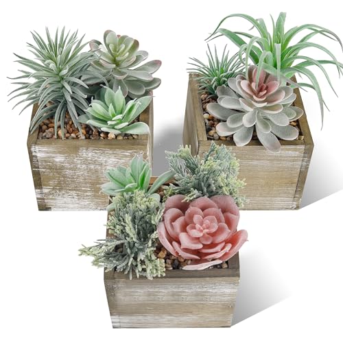 Der Rose Set of 3 Succulents Plants Artificial Fake Plants in Wood Pots with Pink Fake Flowers for Farmhouse Bathroom Desk Sheif Decor
