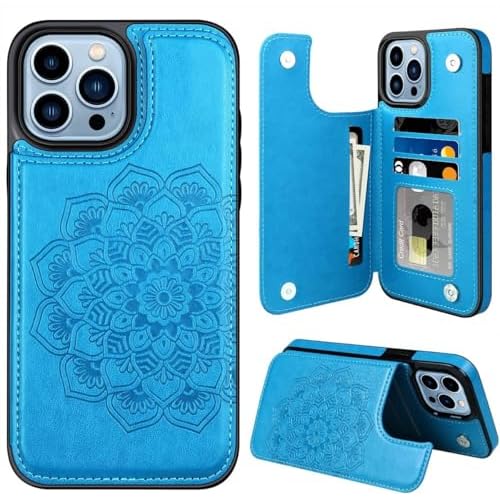for iPhone 16 Pro Max Case with Credit Card Holder,RFID Blocking,PU Flower Leather Double Magnetic Clasp Kickstand Heavy Duty Protective Cover.(Blue)