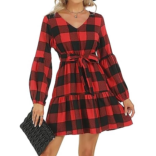 ROYLAMP Women's Tunic Dresses Long Sleeve V Neck Plaid Tie Waist Ruffle Swing Shift Casual Mini Dress with Pocket Small Plaid Red