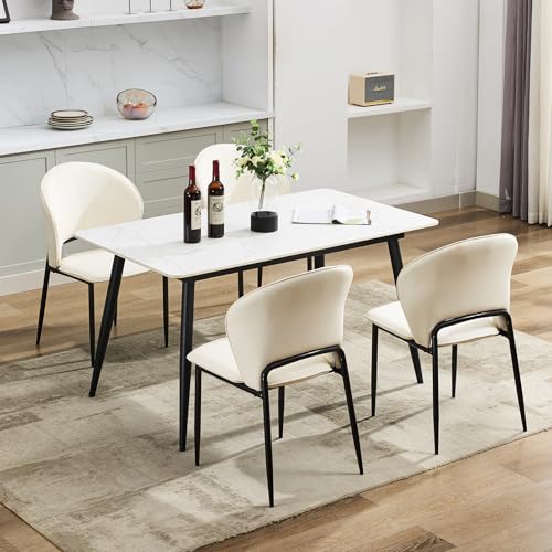Dining Chairs Set of 4 Upholstered Mid Century Modern Chair with Metal Legs Mid-Back Accent Chair Faux Leather for Kitchen and Dining Room (Beige,4 Pa