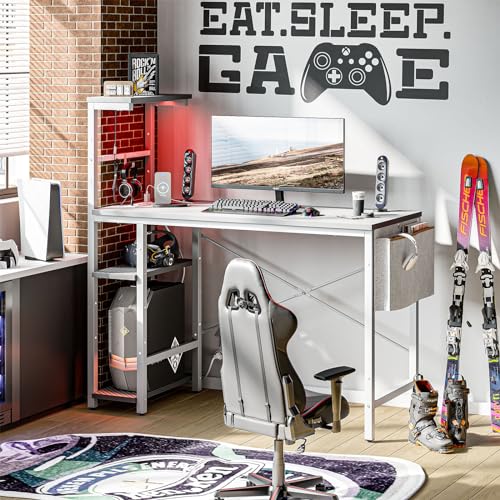 Bestier Gaming Desk with Power Outlets, 44 Inch Led Gamer Desk with 4 Tiers Reversible Shelves, PC Gaming Table with Headset Hook & Side Storage Bag f