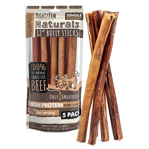 Mighty Paw Naturals Bully Sticks for Dogs - Grass Fed Beef Chews. Dog Bully Sticks for Large Pets, Medium and Small Breeds. Lower Odor Treats for Smal