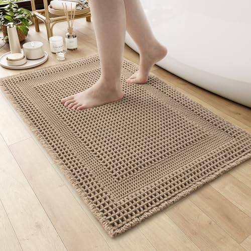 AMOAMI Waffle Bath-Mat, 24"x36" Super Absorbent Bath Mats for Bathroom Non Slip, Machine Washable Bathroom Rugs with Tassels Ultra Soft Boho Bath Rugs