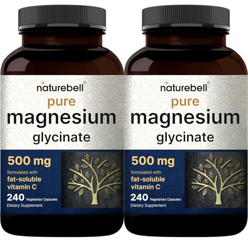 Pure Magnesium Glycinate 500mg with Fat Soluble Vitamin C, 480 Veggie Capsules (2 Pack) | Supplement for Muscle, Enzyme, & Heart Support* – 100% Che