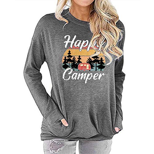 Fuyxxmer Womens Happy Camper Sweatshirt Vintage Mountain Graphic Tee Long Sleeve Pullover Blouses Top Shirts with Pockets Grey Small