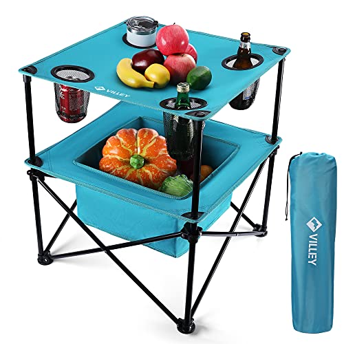 VILLEY Portable Camping Picnic Table, Lightweight Folding Beach Table with 4 Cup Holders and Carry Bag for Camp, Travel, Fishing, and Outdoor Activiti