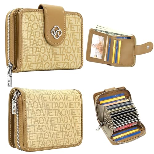 Wallet Bag with Accordion Card Holder,Multi-Card Slots, Zipper Purse, Photo Slot Zipper Big Bag - Apricot
