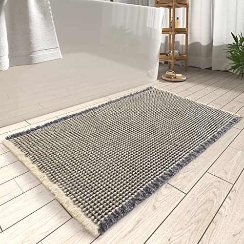 AMOAMI Upgraded Waffle Bath Mat, Super Absorbent Non Slip Bath Mats for Bathroom Floor, Machine Washable Bathroom Rugs with Tassels, Rubber Backed Bat