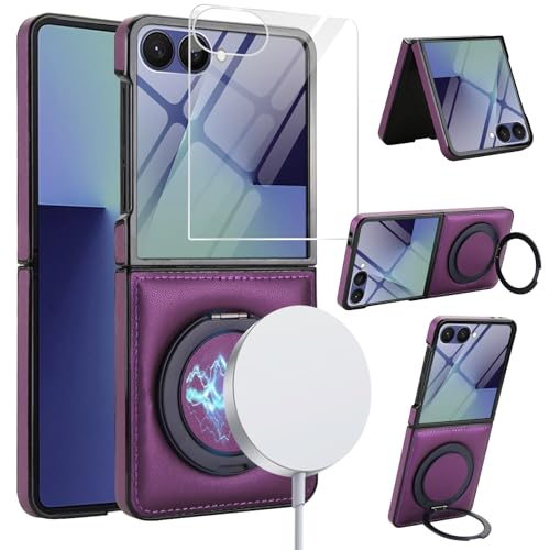 for Samsung Galaxy Z Flip 7 Case with Magnetic Ring Holder, 360 Rotating Bracket, Built-in Front Screen Protector, Slim Anti-Drop Shockproof Case.(Dar