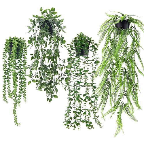 Der Rose 4 Pack Fake Hanging Plants Artificial Decor Faux Potted Greenery Hanging Plants Indoor for Room Home Shelf Outdoor Decor
