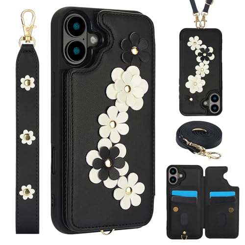 for iPhone 16 Wallet Case with 4 Credit Card Holder Slots, Flower Pattern PU Leather Magnetic Clasp Kickstand with Long and Short Strap.-Black Black i