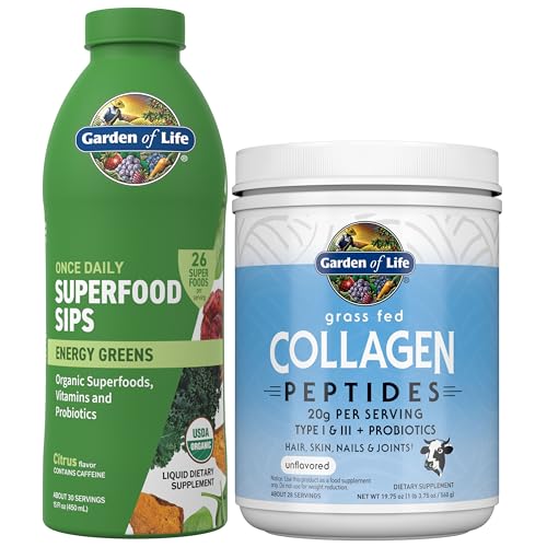 Garden of Life Restorative Bundle - Collagen Peptides Unflavored Powder for Hair, Skin, Joints, 28 Servings + Superfoods Sips Energy Greens, Vitamins,