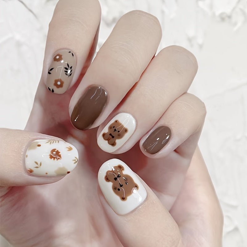 TEMU Brown Bear Nail Art Decals - Adorable Animal Design, Short Oval Shape, Glossy Finish, 24 Pieces