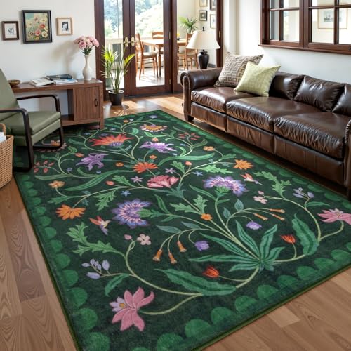 Lahome Boho Floral Washable Green 6x9 Area Rugs for Living Room, Non Slip Rugs for Bedroom, Indoor Throw Dining Room Carpet for Under Table Home Offic