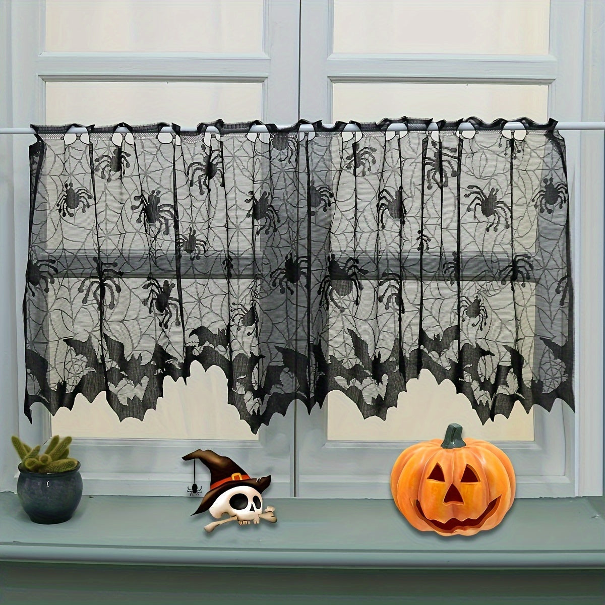 TEMU 1pc Gothic Black Lace Halloween Curtain, X 60in - Sheer Cafe Tier With Spooky Web Design For Kitchen, Bathroom & Living Room Decor - Hand