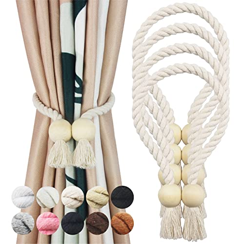 4 Pack Beige Magnetic Curtain Tiebacks Cotton Hand Woven Tieback Holdback Decorative Tie Backs for Drapes with Wooden Buckle No Tools Required Beige 4