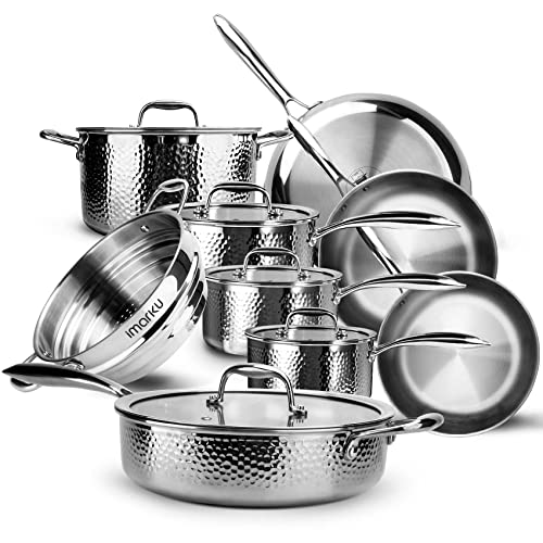 imarku Pots and Pans Set, 14PCS Kitchen Cookware Sets Tri-Ply Clad Stainless Steel with Hangered Handle and Lids, Suits Ceramic and Induction, Oven an