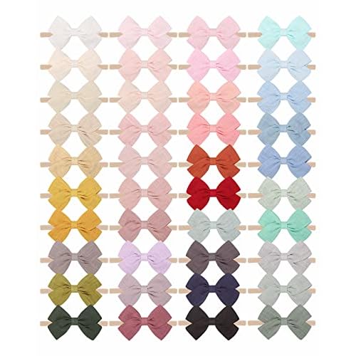jollybows 40pcs Baby Girls Nylon Hair Bows Headbands Linen Hair Bands Elastic Hair Accessories for Kids Infants Newborn (4-40 PCS Solid Linen) 3- 40PC