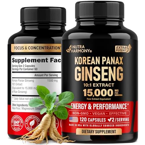 Panax Ginseng 15,000 mg - Red Korean Ginseng Supplement for Men - Extra Strength 10:1 Extract - Energy, Focus, Productivity & Performance - Natural &